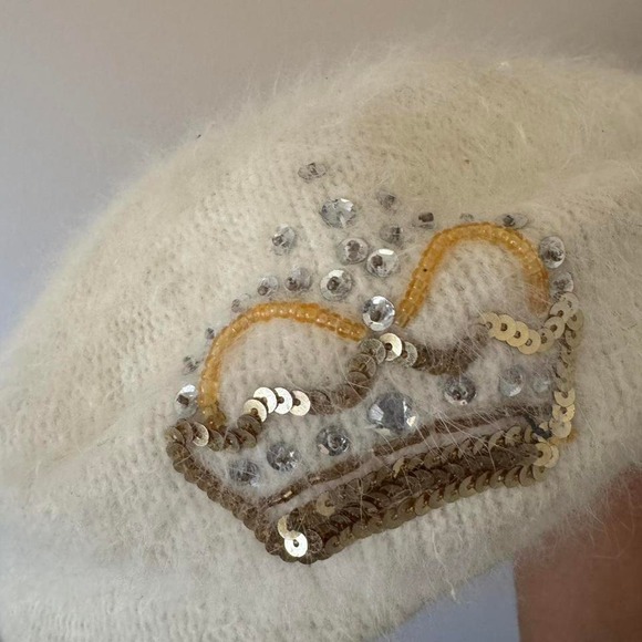 Vintage Y2K Cream Paperboy Hat Angora Fuzzy Fur White Cream Sequin Gold - Picture 5 of 8